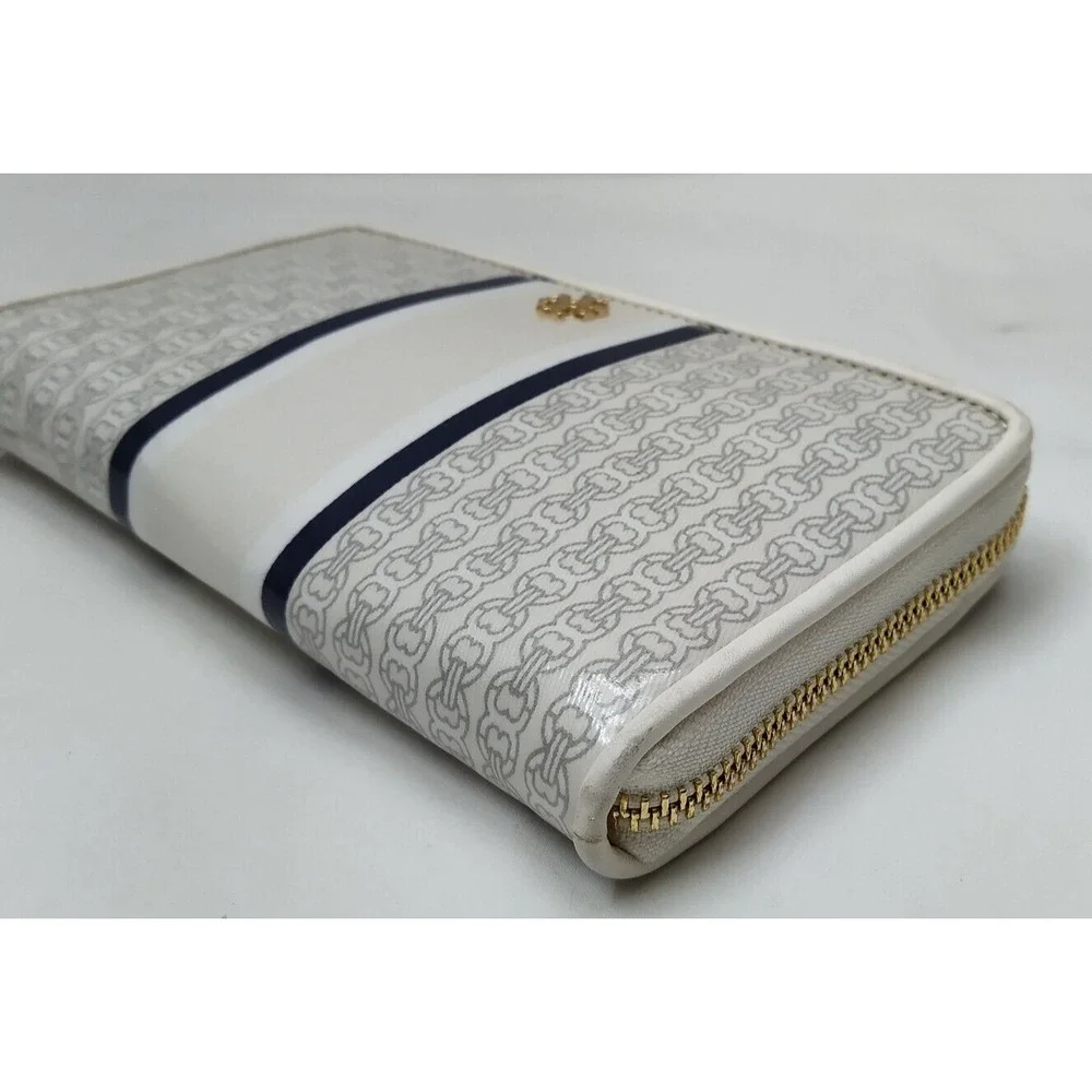 Tory Burch Gemini Ivory Gray Coated Canvas Link Stripe Zip Around Wallet